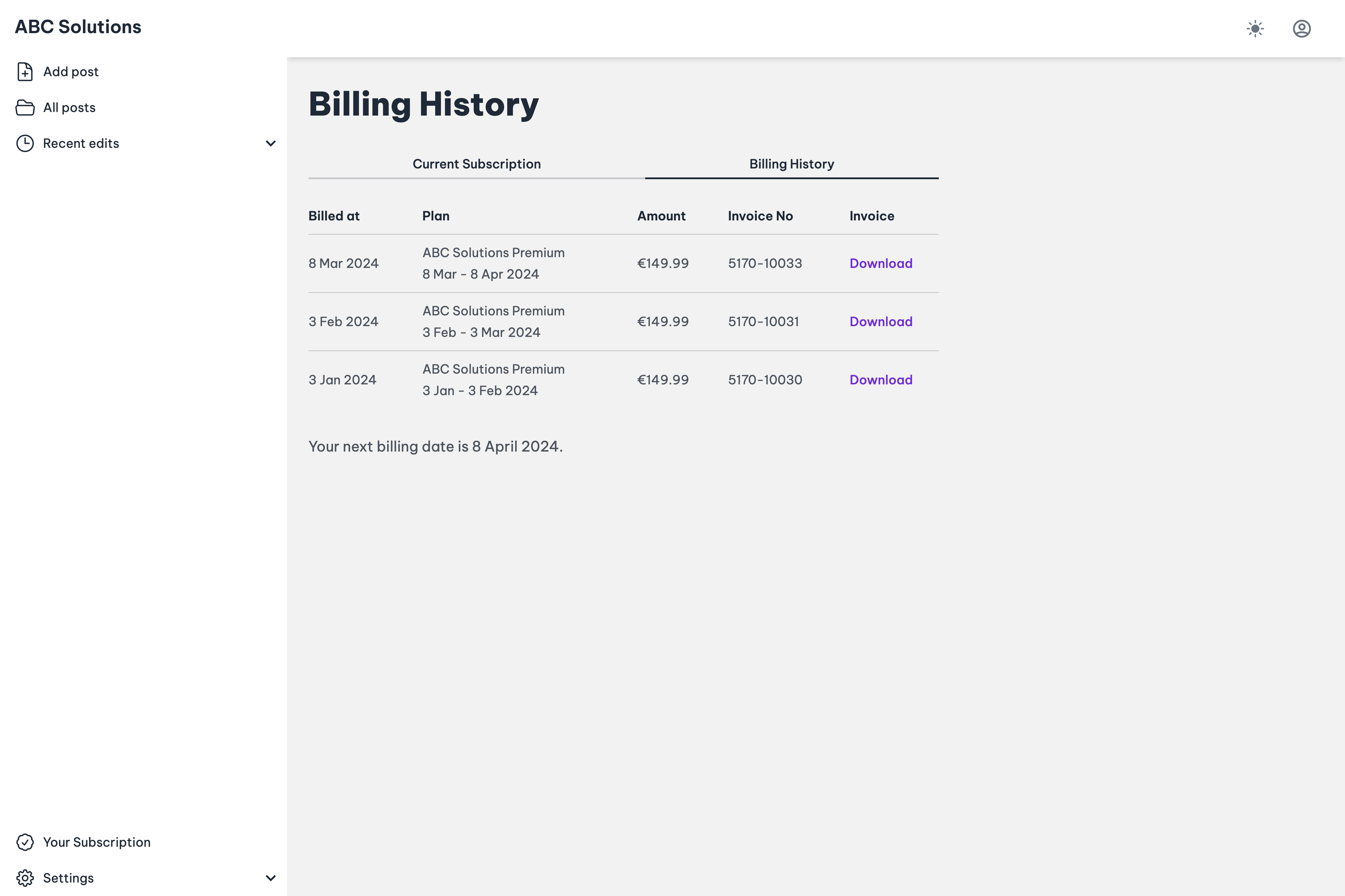 Billing history